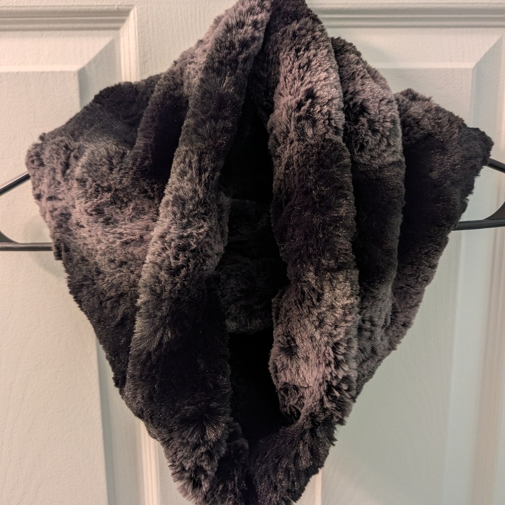 Plush Faux Fur Infinity Scarf/Neck Warmer - Black and Charcoal Gray